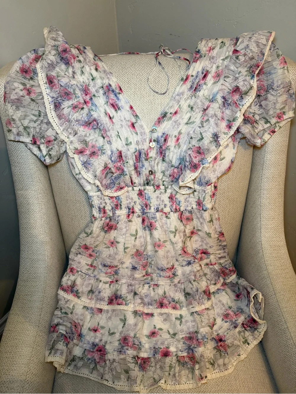 Floral Ruffled Smocked Waist Dress - Pink & Purple Floral - Picture 3 of 8